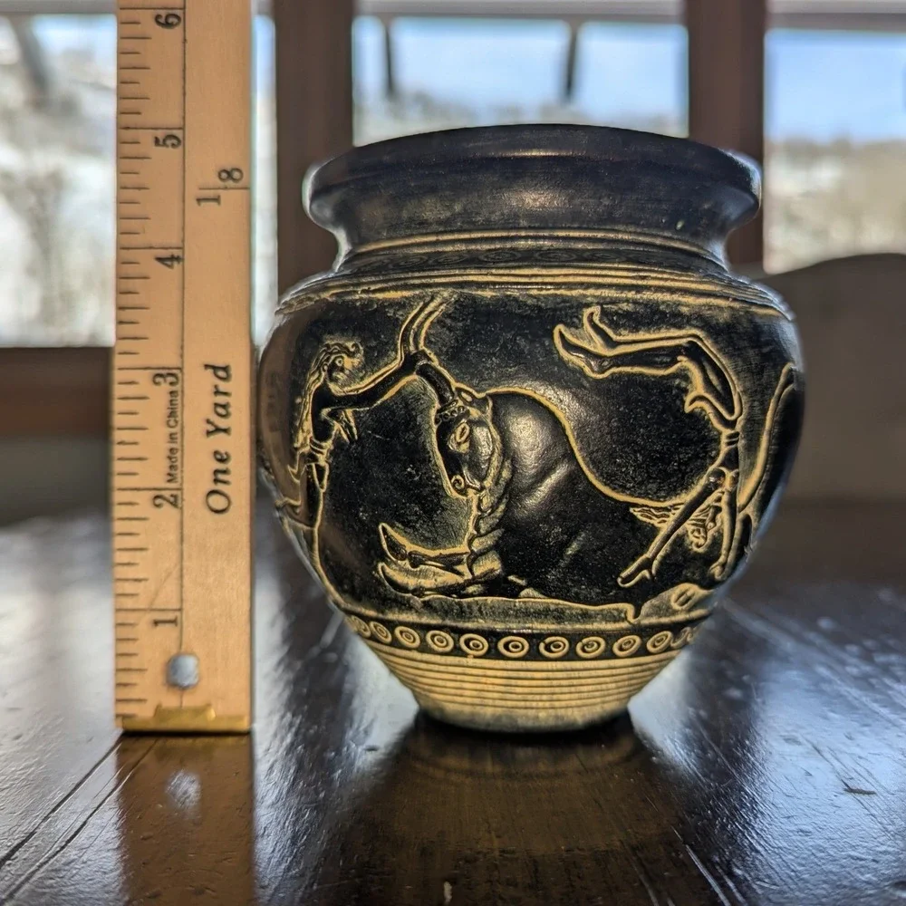 Bull Leaping Knossos Palace Greek Pottery Vase Black Tan Carved Ceramic 5 Inch